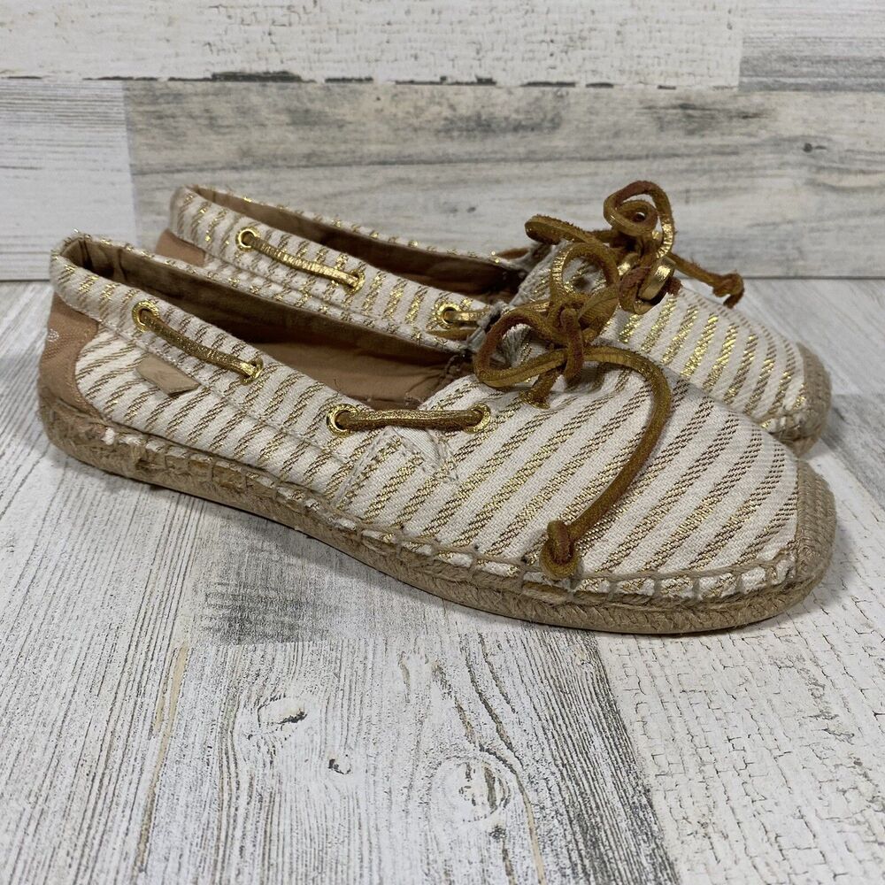 Sperry Women's Sz 7 Top Sider Boat Shoes Espadrille Gold Stripes Metallic Flats